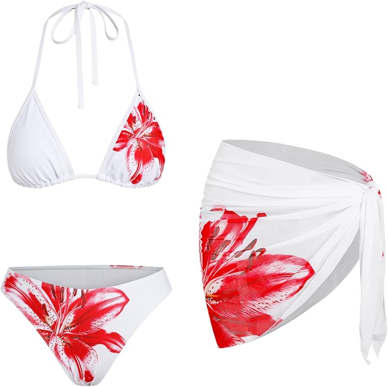 Womens 3pcs Swimsuit Floral Halter Triangle Bikini Top Tie Side Bottom with Long Sheer Cover Up Skirt - Seldom Seen Styles