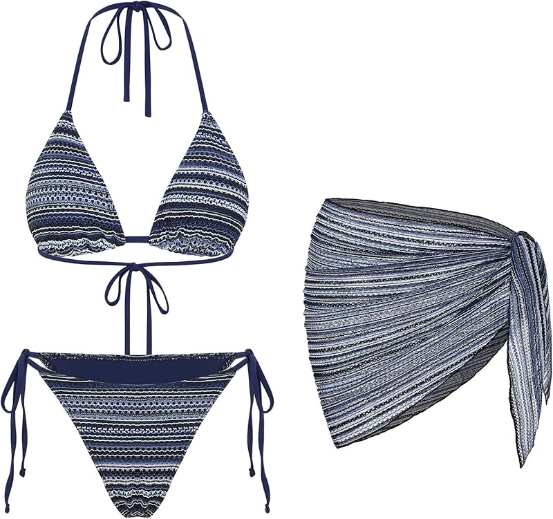 Womens 3pcs Swimsuit Floral Halter Triangle Bikini Top Tie Side Bottom with Long Sheer Cover Up Skirt - Seldom Seen Styles