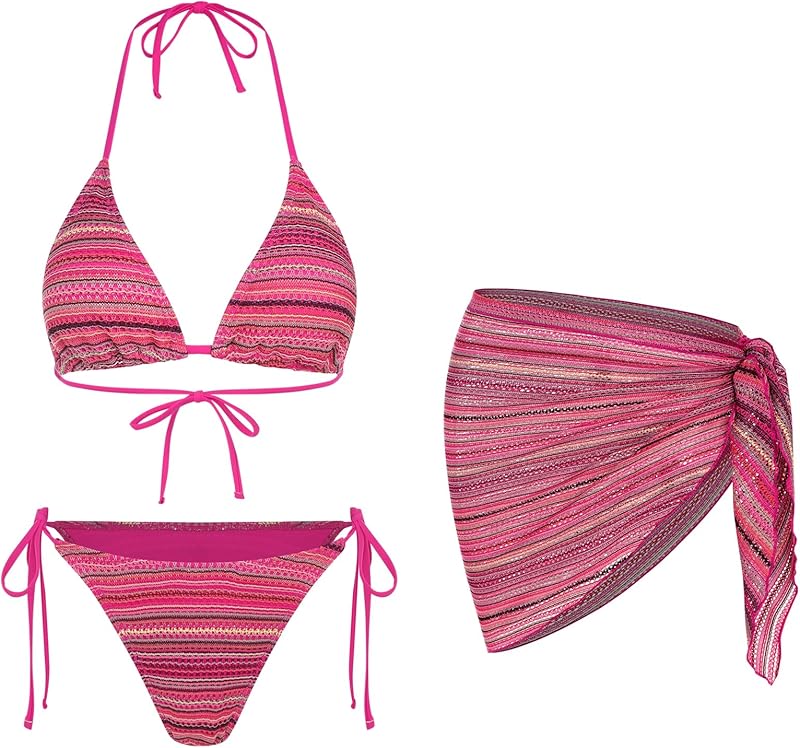 Womens 3pcs Swimsuit Floral Halter Triangle Bikini Top Tie Side Bottom with Long Sheer Cover Up Skirt - Seldom Seen Styles