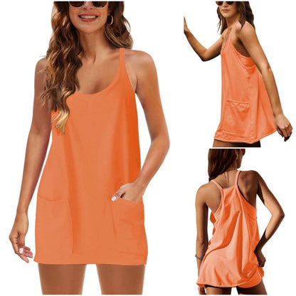 Womens Athletic Sleeveless Mini Dress with Built-in Shorts V Neck Spaghetti Strap Short Tennis Dress with Pockets - Seldom Seen Styles