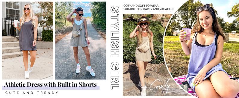 Womens Athletic Sleeveless Mini Dress with Built-in Shorts V Neck Spaghetti Strap Short Tennis Dress with Pockets - Seldom Seen Styles