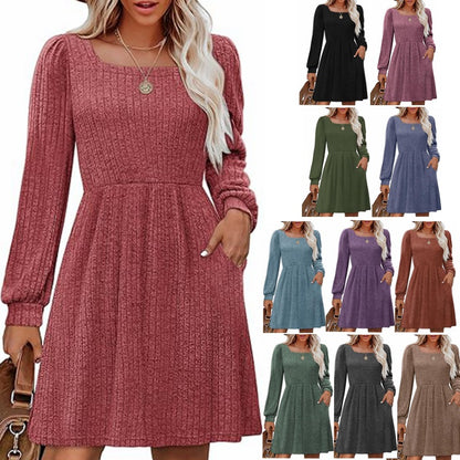 Womens Babydoll Dresses Square Neck Long Sleeve Knee Length Flowy Swing Shirring Mini Dresses Fall Dress - Seldom Seen Styles