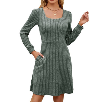 Womens Babydoll Dresses Square Neck Long Sleeve Knee Length Flowy Swing Shirring Mini Dresses Fall Dress - Seldom Seen Styles
