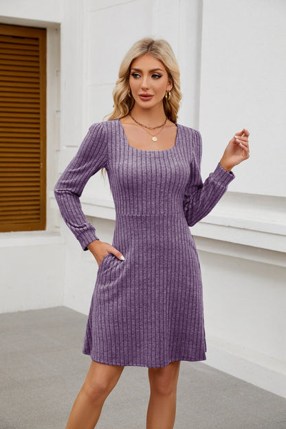 Womens Babydoll Dresses Square Neck Long Sleeve Knee Length Flowy Swing Shirring Mini Dresses Fall Dress - Seldom Seen Styles