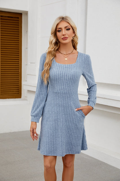 Womens Babydoll Dresses Square Neck Long Sleeve Knee Length Flowy Swing Shirring Mini Dresses Fall Dress - Seldom Seen Styles