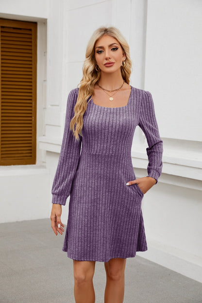 Womens Babydoll Dresses Square Neck Long Sleeve Knee Length Flowy Swing Shirring Mini Dresses Fall Dress - Seldom Seen Styles