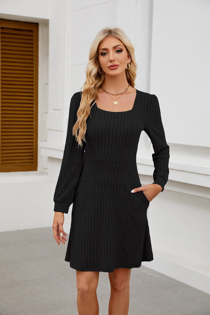 Womens Babydoll Dresses Square Neck Long Sleeve Knee Length Flowy Swing Shirring Mini Dresses Fall Dress - Seldom Seen Styles