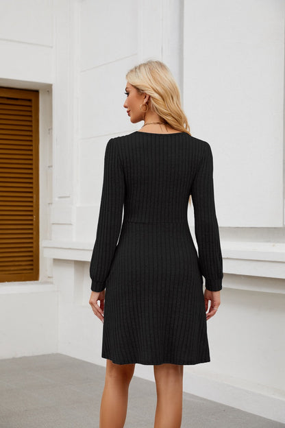 Womens Babydoll Dresses Square Neck Long Sleeve Knee Length Flowy Swing Shirring Mini Dresses Fall Dress - Seldom Seen Styles