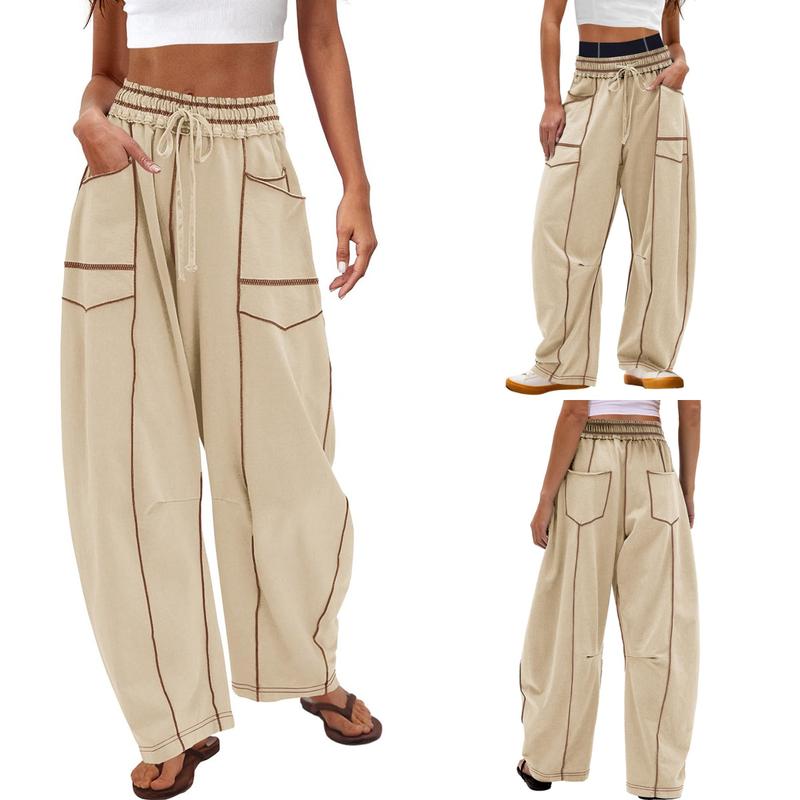 Women's Baggy Barrel Pants Wide Leg Lounge Drawstring Sweatpants with Pockets Minimalist Bottoms Casual Style Comfortable Breathable Material - Seldom Seen Styles