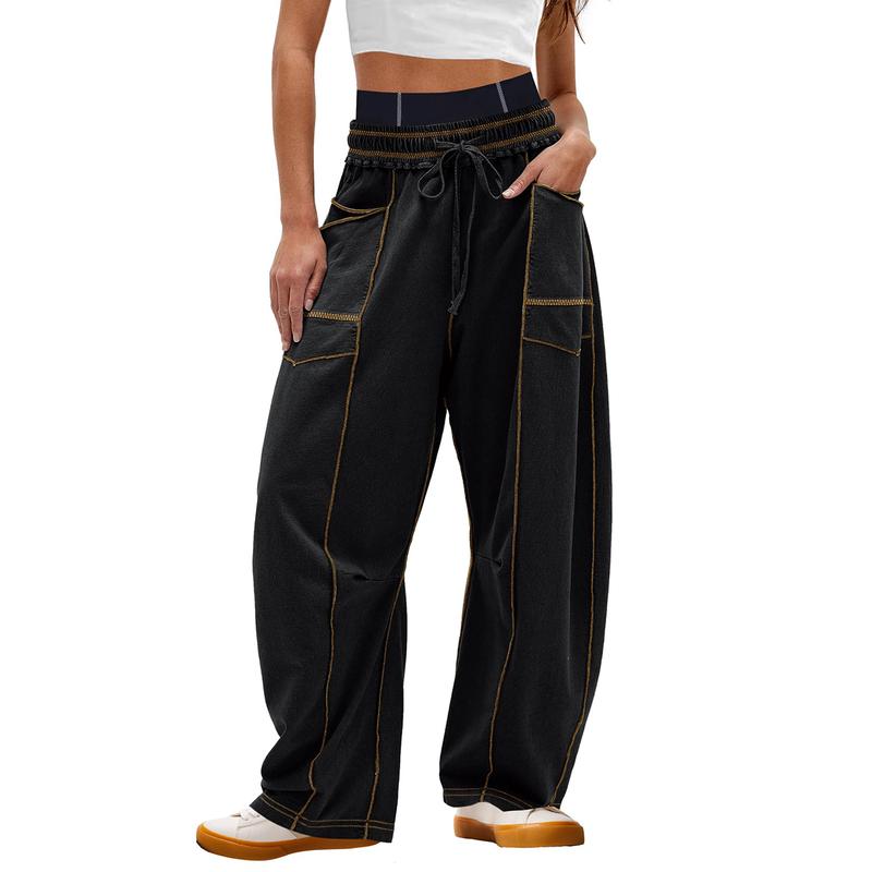 Women's Baggy Barrel Pants Wide Leg Lounge Drawstring Sweatpants with Pockets Minimalist Bottoms Casual Style Comfortable Breathable Material - Seldom Seen Styles