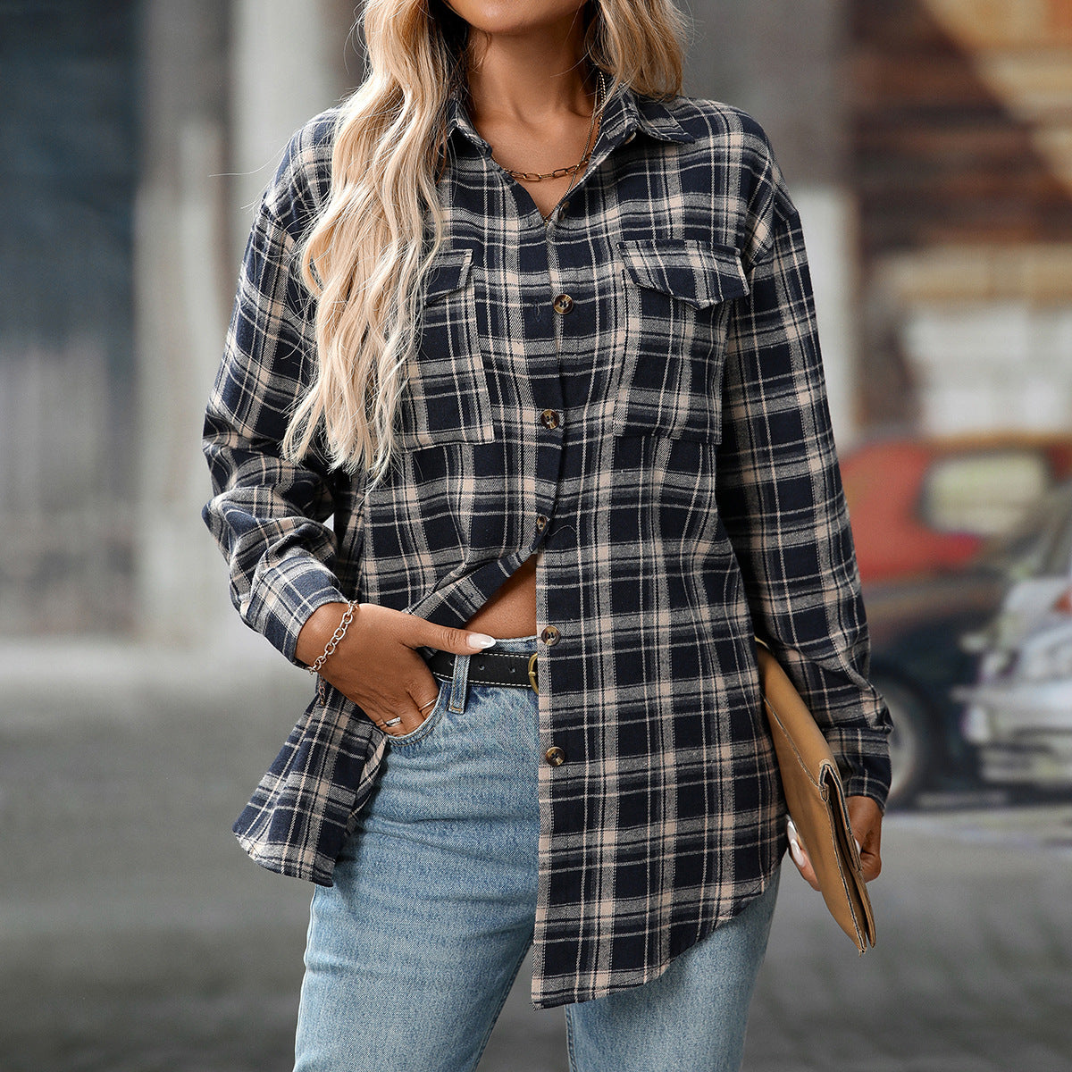 Womens Button Down Flannel Shirts Long Sleeve Plaid Shackets Business Casual Blouse Top - Seldom Seen Styles
