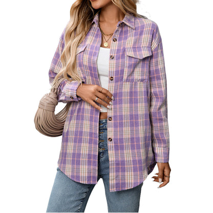 Womens Button Down Flannel Shirts Long Sleeve Plaid Shackets Business Casual Blouse Top - Seldom Seen Styles