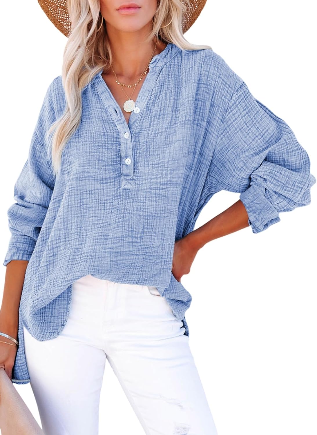 Womens Casual Button V Neck Long Sleeve Shirts Oversized Solid Blouses Tops - Seldom Seen Styles