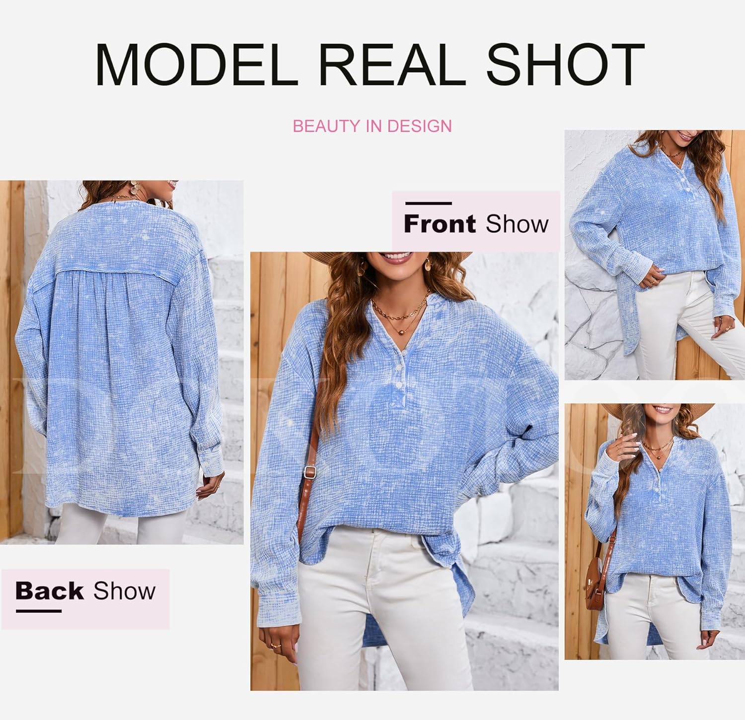 Womens Casual Button V Neck Long Sleeve Shirts Oversized Solid Blouses Tops - Seldom Seen Styles