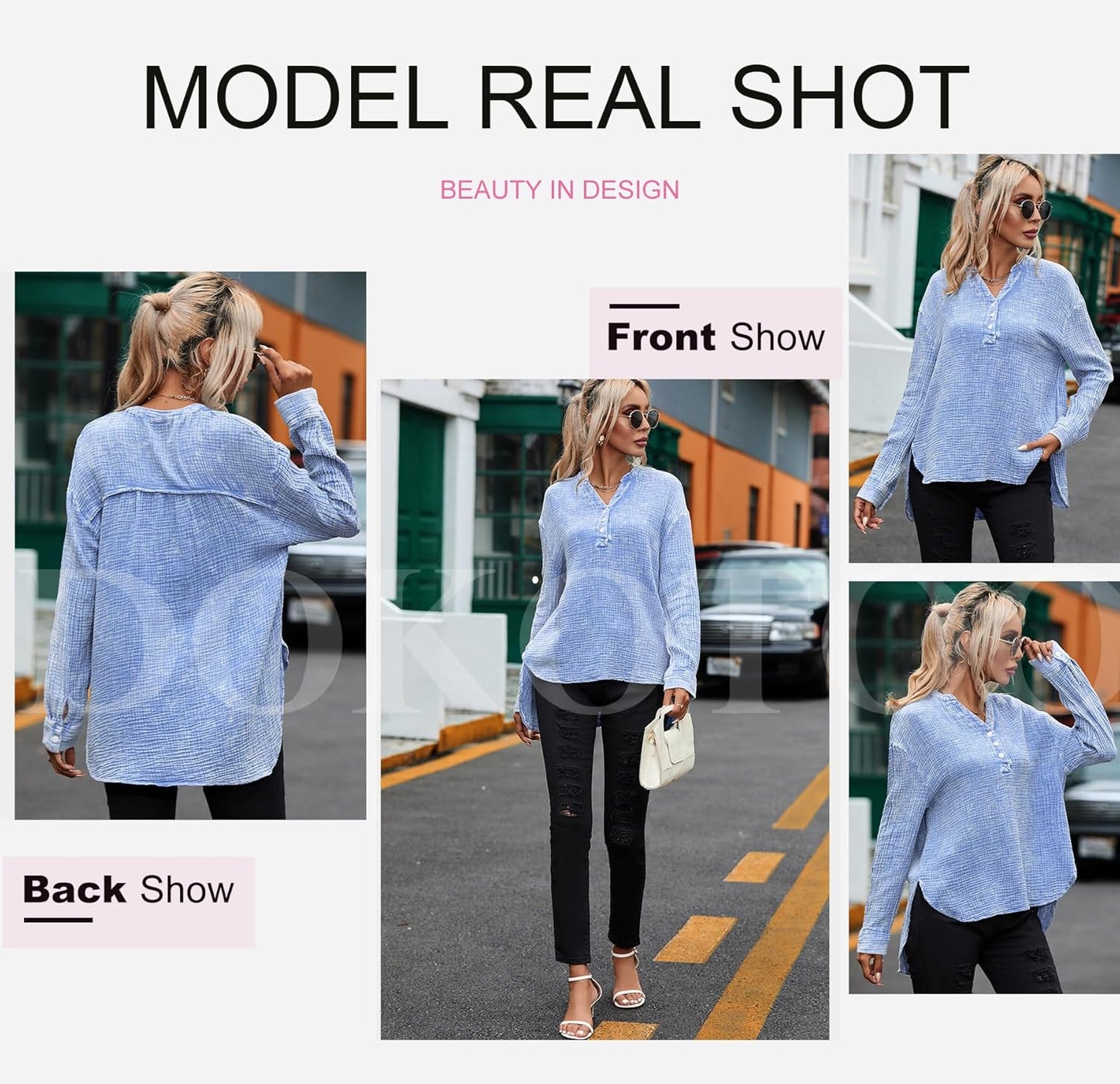 Womens Casual Button V Neck Long Sleeve Shirts Oversized Solid Blouses Tops - Seldom Seen Styles
