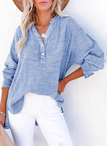 Womens Casual Button V Neck Long Sleeve Shirts Oversized Solid Blouses Tops - Seldom Seen Styles