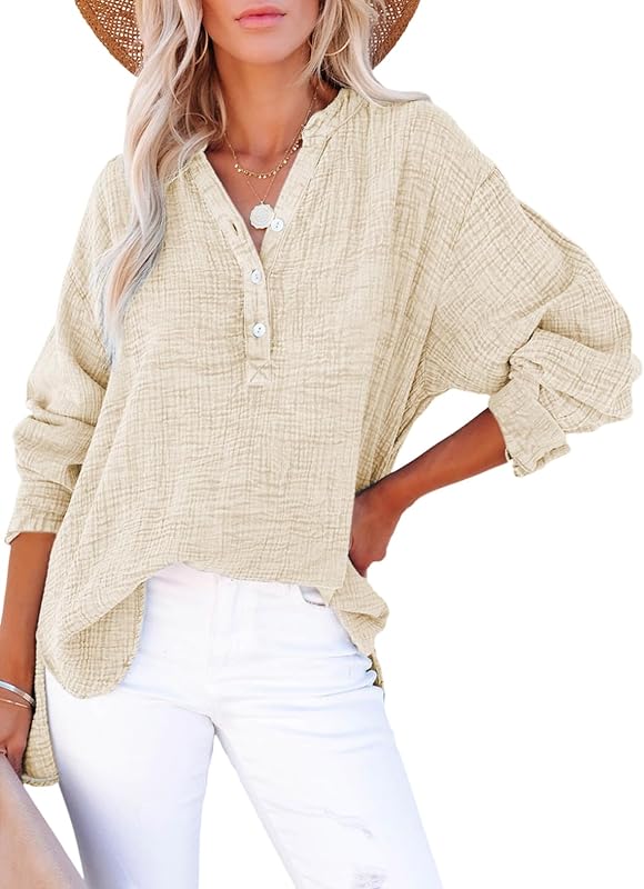 Womens Casual Button V Neck Long Sleeve Shirts Oversized Solid Blouses Tops - Seldom Seen Styles