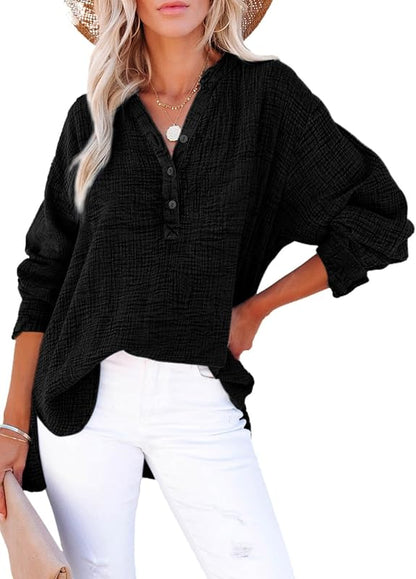 Womens Casual Button V Neck Long Sleeve Shirts Oversized Solid Blouses Tops - Seldom Seen Styles