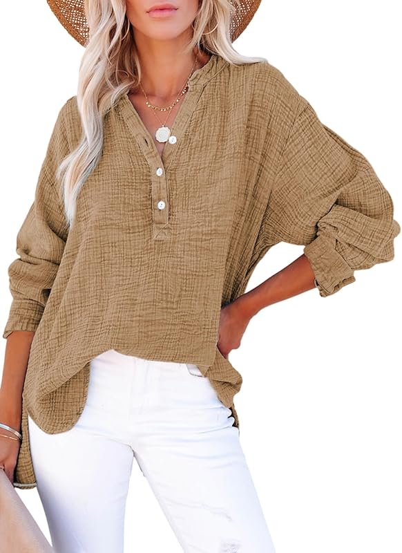 Womens Casual Button V Neck Long Sleeve Shirts Oversized Solid Blouses Tops - Seldom Seen Styles