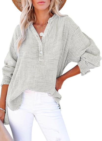 Womens Casual Button V Neck Long Sleeve Shirts Oversized Solid Blouses Tops - Seldom Seen Styles