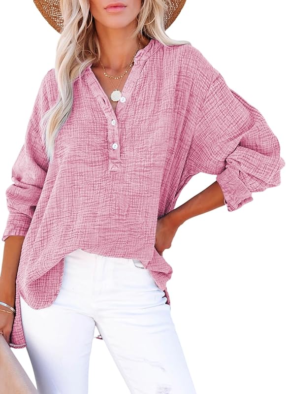 Womens Casual Button V Neck Long Sleeve Shirts Oversized Solid Blouses Tops - Seldom Seen Styles