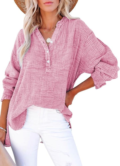 Womens Casual Button V Neck Long Sleeve Shirts Oversized Solid Blouses Tops - Seldom Seen Styles