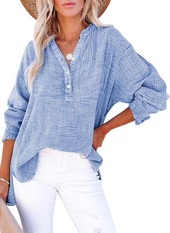 Womens Casual Button V Neck Long Sleeve Shirts Oversized Solid Blouses Tops - Seldom Seen Styles