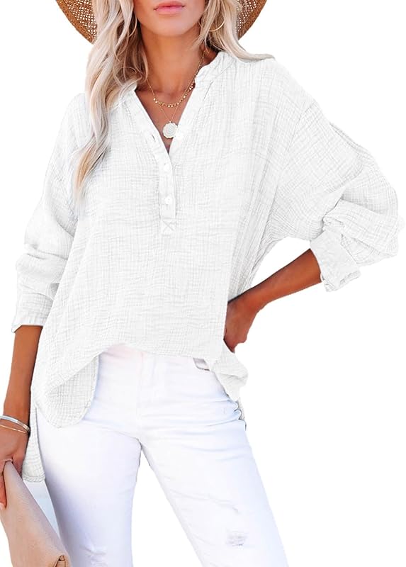 Womens Casual Button V Neck Long Sleeve Shirts Oversized Solid Blouses Tops - Seldom Seen Styles