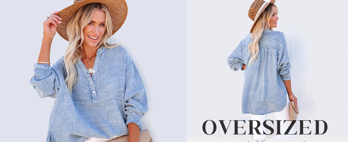 Womens Casual Button V Neck Long Sleeve Shirts Oversized Solid Blouses Tops - Seldom Seen Styles