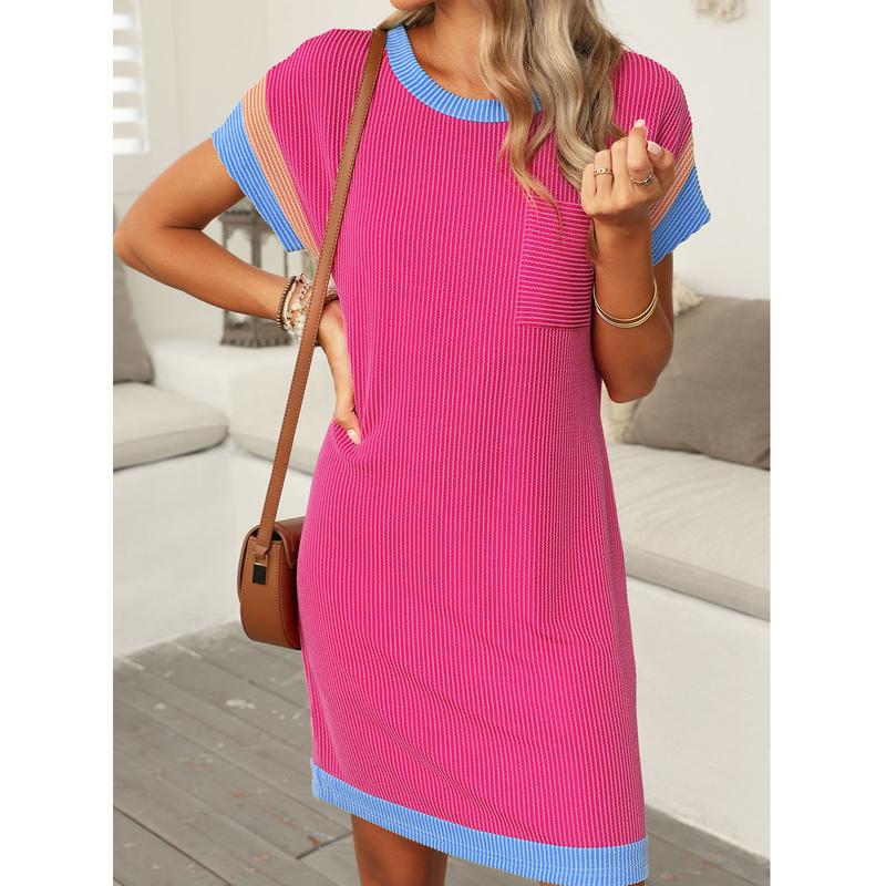 Womens Casual Knit Lightweight Dress Summer Outfits Crewneck Shortsleeve Slim Color Block Ribbed Rose Red Mini Dress 2025 Trendy Womenswear Outdoorfun Springtok Comfortable - Seldom Seen Styles
