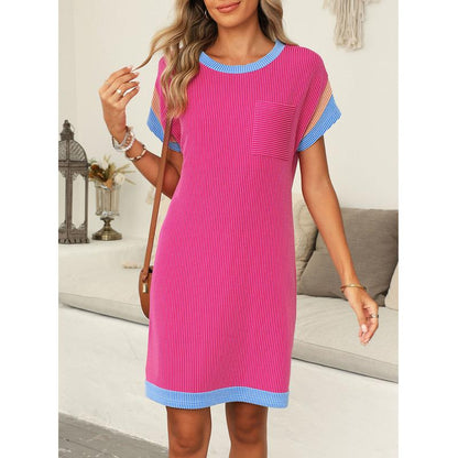 Womens Casual Knit Lightweight Dress Summer Outfits Crewneck Shortsleeve Slim Color Block Ribbed Rose Red Mini Dress 2025 Trendy Womenswear Outdoorfun Springtok Comfortable - Seldom Seen Styles