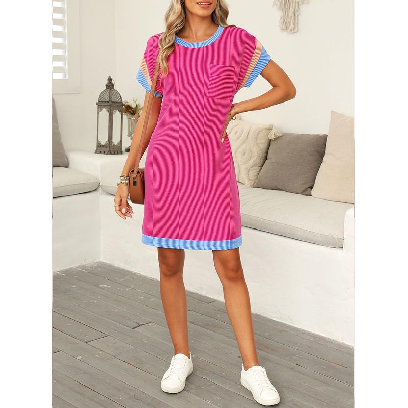 Womens Casual Knit Lightweight Dress Summer Outfits Crewneck Shortsleeve Slim Color Block Ribbed Rose Red Mini Dress 2025 Trendy Womenswear Outdoorfun Springtok Comfortable - Seldom Seen Styles