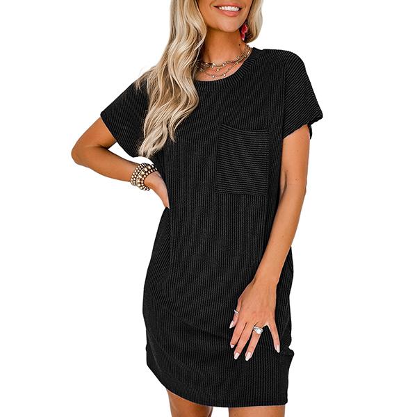 Womens Casual Knit Lightweight Dress Summer Outfits Crewneck Shortsleeve Slim Color Block Ribbed Rose Red Mini Dress 2025 Trendy Womenswear Outdoorfun Springtok Comfortable - Seldom Seen Styles