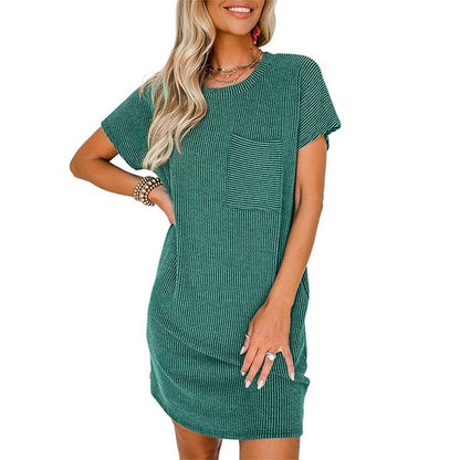 Womens Casual Knit Lightweight Dress Summer Outfits Crewneck Shortsleeve Slim Color Block Ribbed Rose Red Mini Dress 2025 Trendy Womenswear Outdoorfun Springtok Comfortable - Seldom Seen Styles