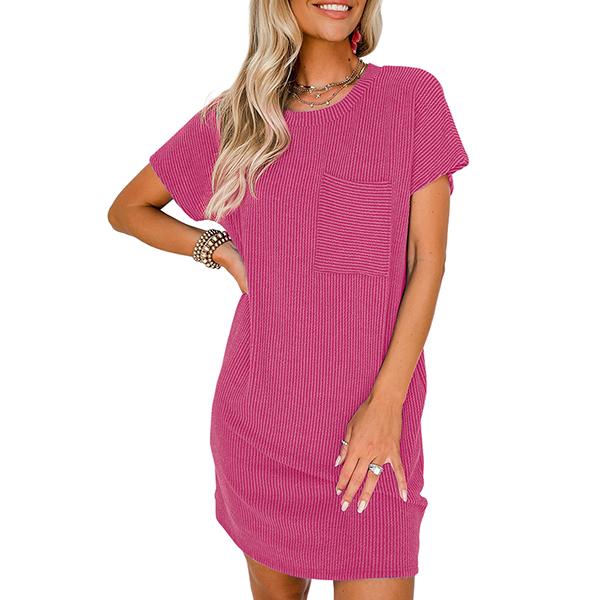 Womens Casual Knit Lightweight Dress Summer Outfits Crewneck Shortsleeve Slim Color Block Ribbed Rose Red Mini Dress 2025 Trendy Womenswear Outdoorfun Springtok Comfortable - Seldom Seen Styles