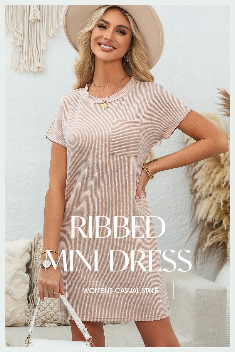 Womens Casual Knit Lightweight Dress Summer Outfits Crewneck Shortsleeve Slim Color Block Ribbed Rose Red Mini Dress 2025 Trendy Womenswear Outdoorfun Springtok Comfortable - Seldom Seen Styles