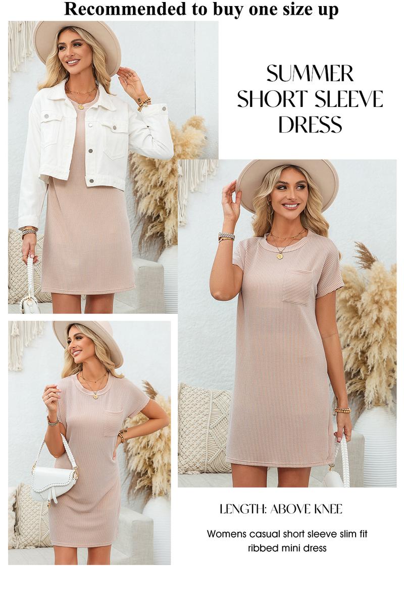 Womens Casual Knit Lightweight Dress Summer Outfits Crewneck Shortsleeve Slim Color Block Ribbed Rose Red Mini Dress 2025 Trendy Womenswear Outdoorfun Springtok Comfortable - Seldom Seen Styles