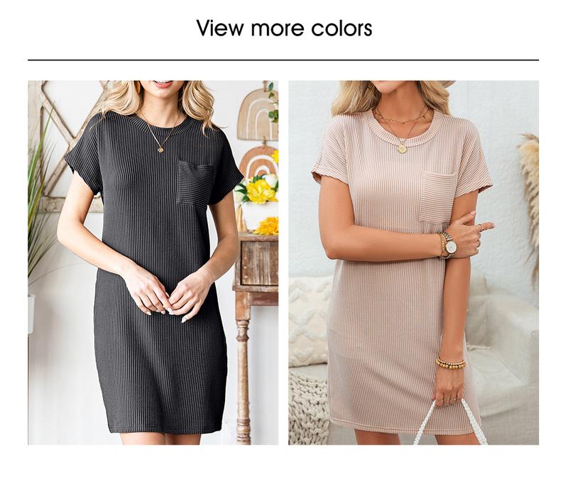 Womens Casual Knit Lightweight Dress Summer Outfits Crewneck Shortsleeve Slim Color Block Ribbed Rose Red Mini Dress 2025 Trendy Womenswear Outdoorfun Springtok Comfortable - Seldom Seen Styles