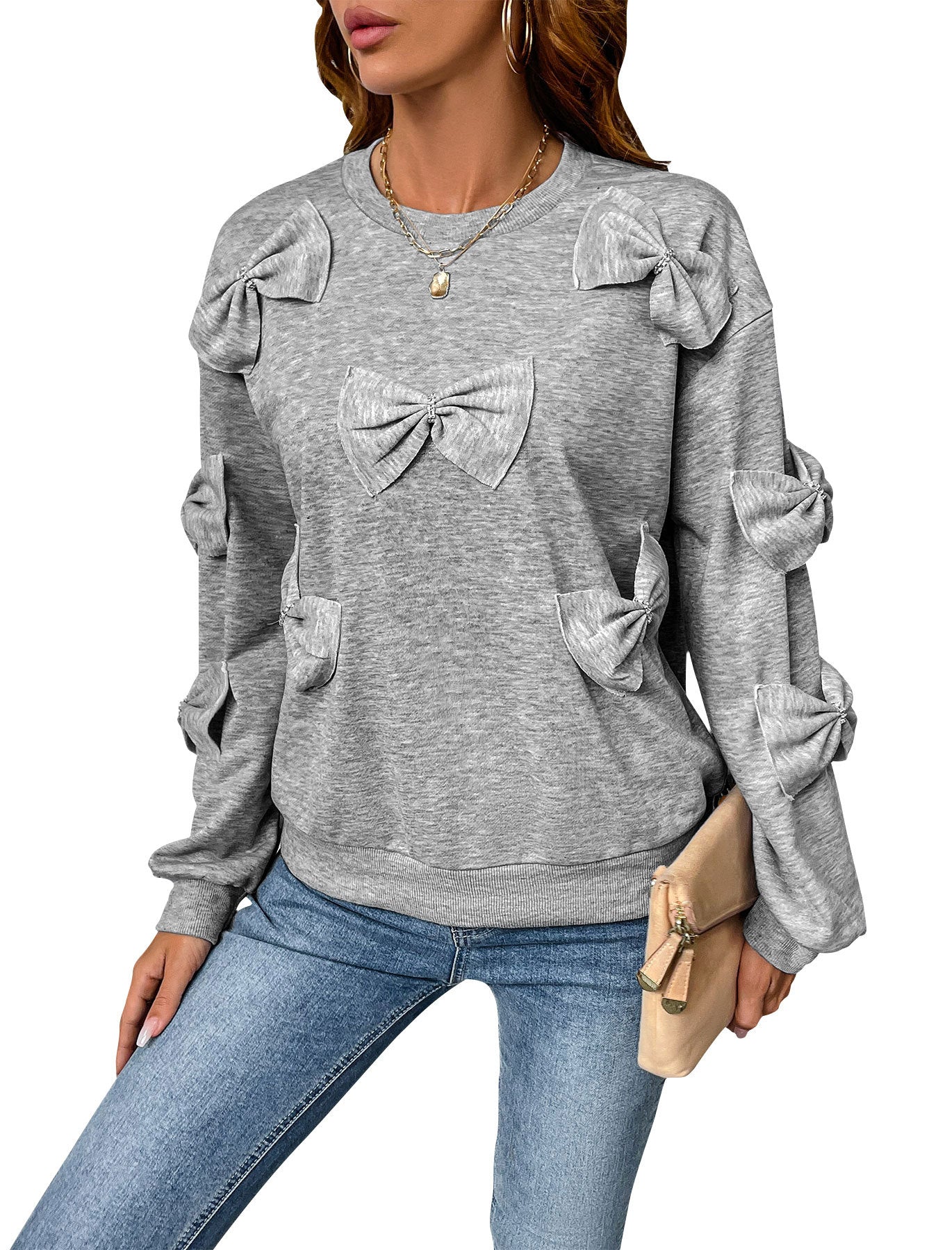 Womens Cute Y2K Bow Sweatshirt Long Sleeve Valentines Day Shirts Dressy Casual Crewneck Pullover Tops - Seldom Seen Styles