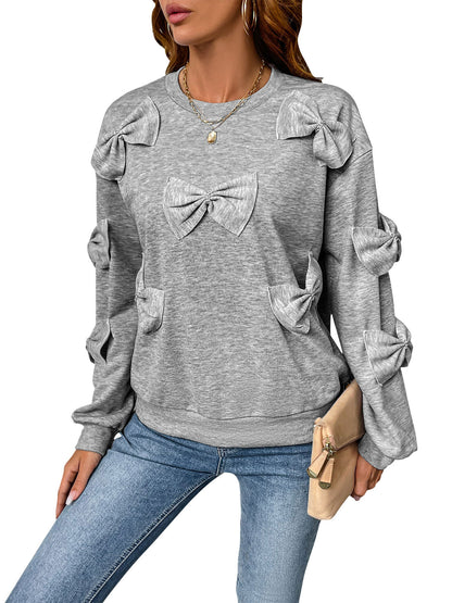 Womens Cute Y2K Bow Sweatshirt Long Sleeve Valentines Day Shirts Dressy Casual Crewneck Pullover Tops - Seldom Seen Styles