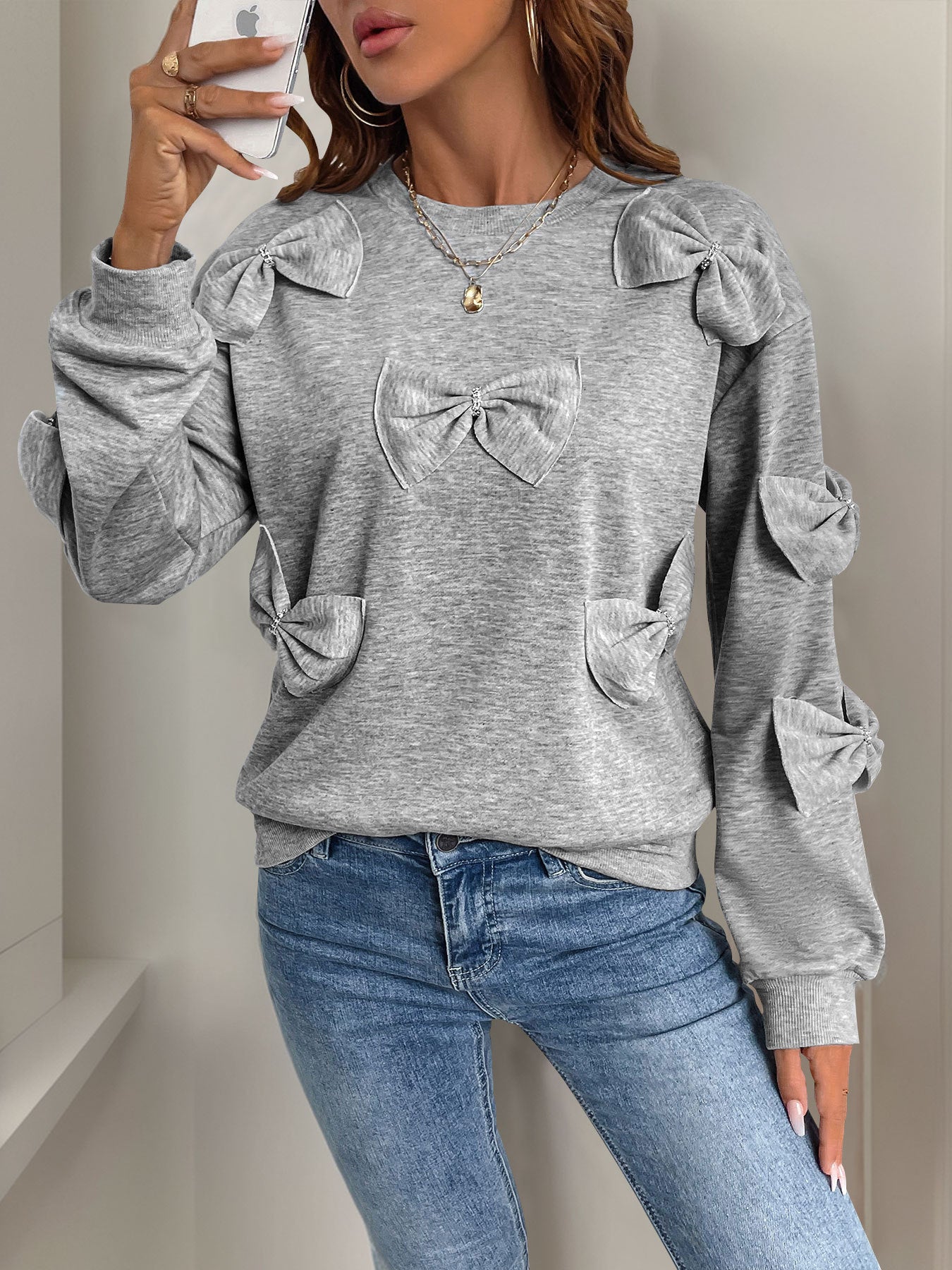 Womens Cute Y2K Bow Sweatshirt Long Sleeve Valentines Day Shirts Dressy Casual Crewneck Pullover Tops - Seldom Seen Styles