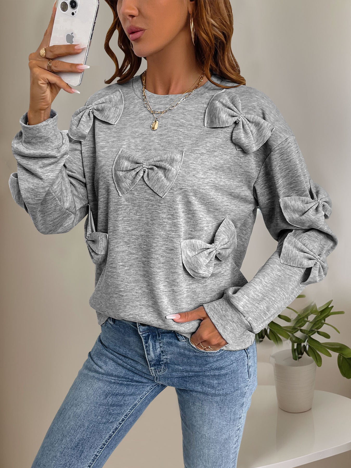 Womens Cute Y2K Bow Sweatshirt Long Sleeve Valentines Day Shirts Dressy Casual Crewneck Pullover Tops - Seldom Seen Styles