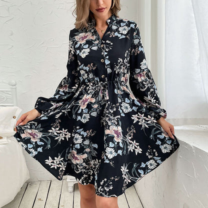 Womens Dresses 2025 Boho Floral V Neck Long Sleeve Smocked Elastic Waist Casual A-Line Swing Mini Dress Sundress - Seldom Seen Styles