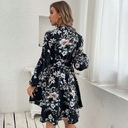 Womens Dresses 2025 Boho Floral V Neck Long Sleeve Smocked Elastic Waist Casual A-Line Swing Mini Dress Sundress - Seldom Seen Styles