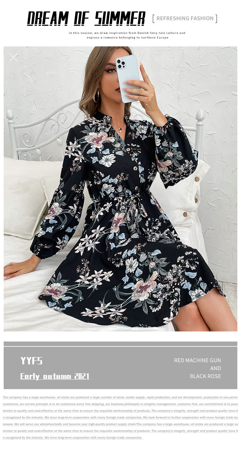 Womens Dresses 2025 Boho Floral V Neck Long Sleeve Smocked Elastic Waist Casual A-Line Swing Mini Dress Sundress - Seldom Seen Styles