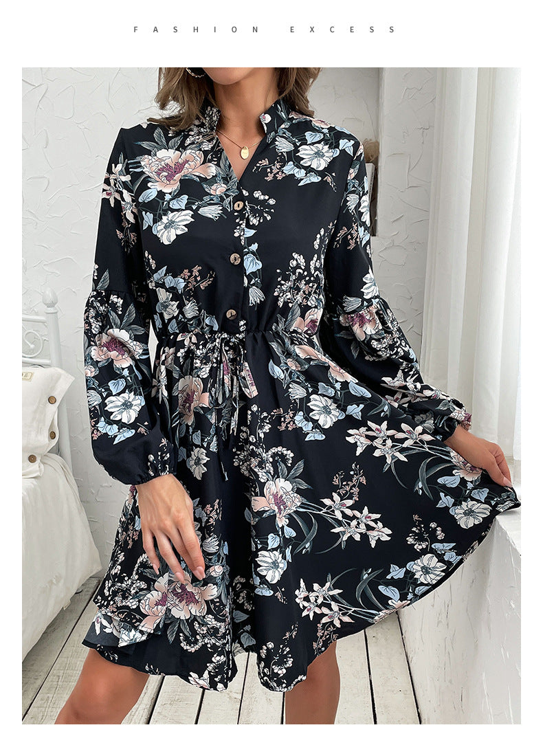 Womens Dresses 2025 Boho Floral V Neck Long Sleeve Smocked Elastic Waist Casual A-Line Swing Mini Dress Sundress - Seldom Seen Styles