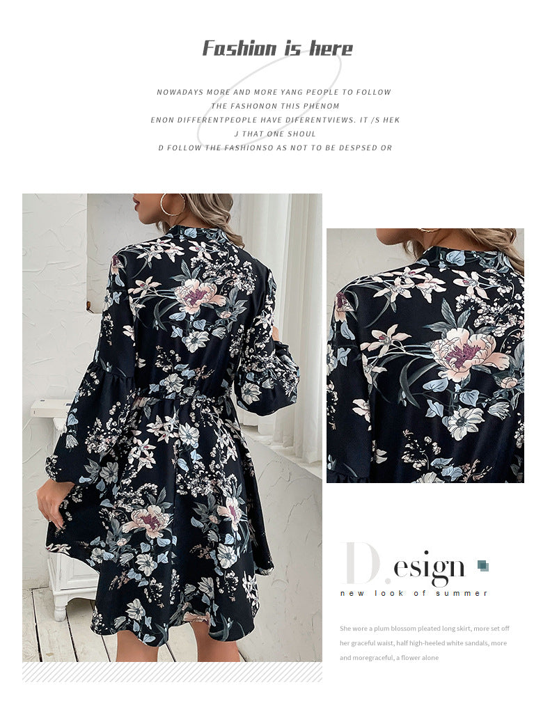 Womens Dresses 2025 Boho Floral V Neck Long Sleeve Smocked Elastic Waist Casual A-Line Swing Mini Dress Sundress - Seldom Seen Styles