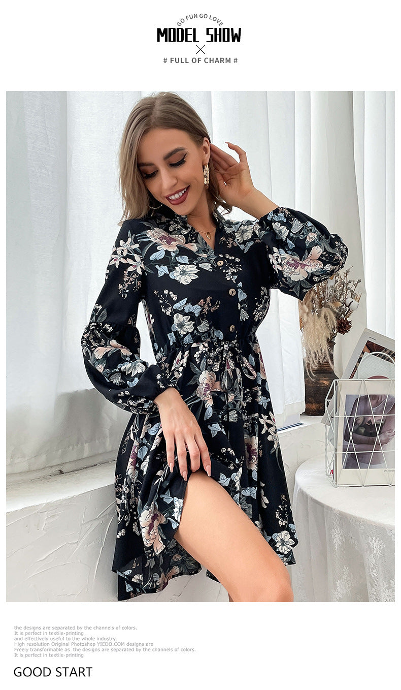 Womens Dresses 2025 Boho Floral V Neck Long Sleeve Smocked Elastic Waist Casual A-Line Swing Mini Dress Sundress - Seldom Seen Styles