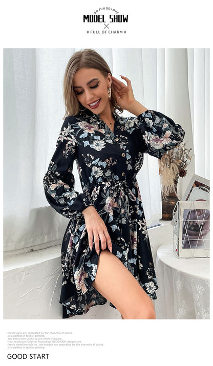 Womens Dresses 2025 Boho Floral V Neck Long Sleeve Smocked Elastic Waist Casual A-Line Swing Mini Dress Sundress - Seldom Seen Styles