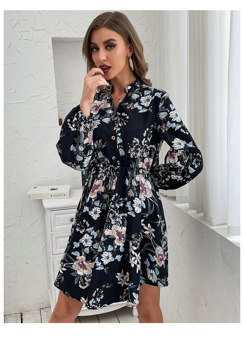 Womens Dresses 2025 Boho Floral V Neck Long Sleeve Smocked Elastic Waist Casual A-Line Swing Mini Dress Sundress - Seldom Seen Styles